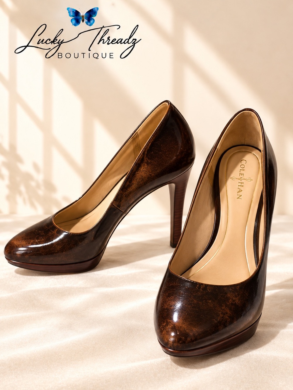 Cole Haan Nike Air Chelsea Brown Burnished Patent Leather Platform Pumps 6.5B